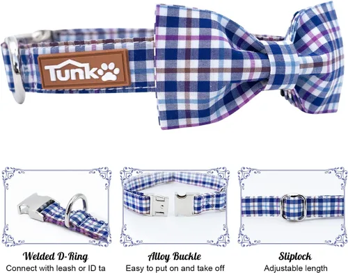 Vista 2 de Tunkoo Collar para perro con pajarita, elegante, a cuadros, suave, cómodo, de algodón, ajustable, hebilla de metal premium, pequeño, mediano