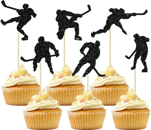 Vista 12 de Gyufise 24 adornos de hockey para cupcakes con purpurina negra, jugadores de hockey con purpurina, selecciones de cupcakes, hockey sobre hielo
