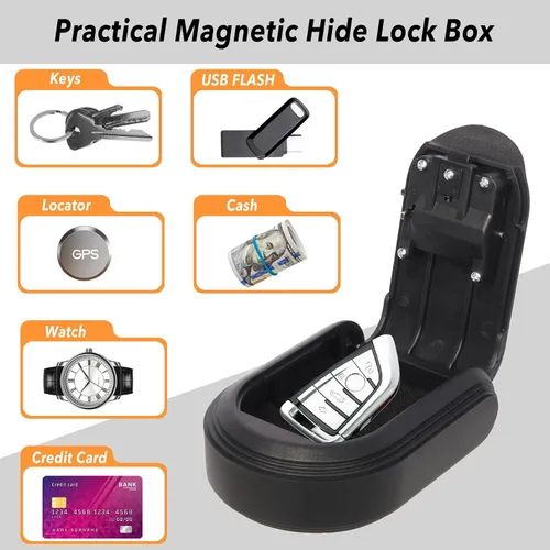 Vista 5 de Caja magnética para llaves para debajo del coche, esconde una llave en el exterior con caja de cerradura de combinación, caja fuerte de seguridad