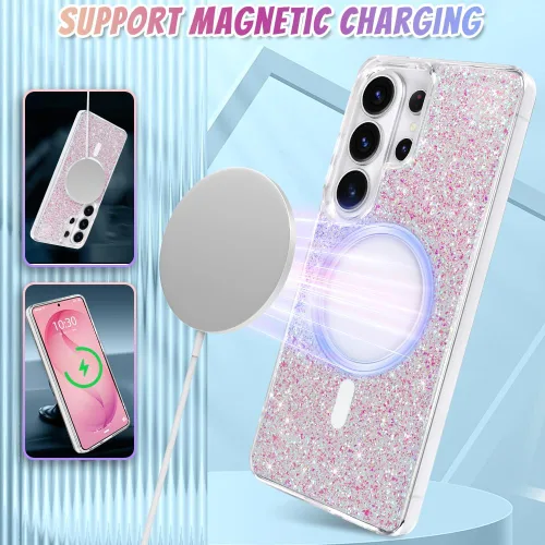 Vista 533 de Bonoma - Funda compatible con Samsung Galaxy S21 Plus, diseño de corazón con purpurina, color rosa Support for MagSafe, Plating Magnetic Case TPU