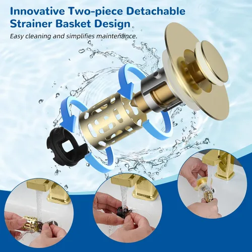 Vista 4 de Hibbent Colador de drenaje de lavabo de baño 3 en 1 mejorado, tapón universal desplegable con cesta de filtro de acero inoxidable extraíble atrapa