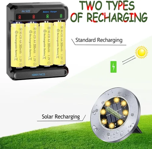 Vista 5 de Baterías recargables de 1.2 voltios AA 300mAh NI-CD para luces decorativas solares al aire libre, luces de velas, 8 paquetes