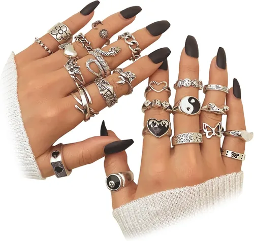 Vista 11 de IFKM Vintage Silver Knuckle Rings Set for Women, Stackable Joint Finger Statement Rings Bohemian Retro Hollow Carved Midi Rings, Boho Halloween