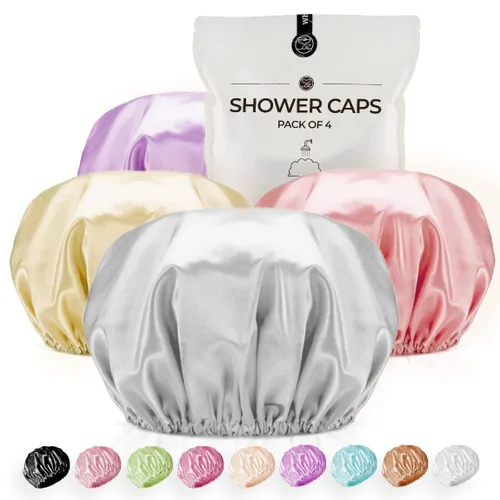 Vista 12 de Gorro de ducha para mujer, reutilizables, extra grandes, para hombres, de satén, de doble capa, EVA, impermeable, gorro de pelo largo