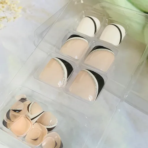 Vista 5 de Uñas postizas acrílicas artificiales, uñas de ataúd a presión con diseños de línea francesa, uñas postizas reutilizables de cobertura completa