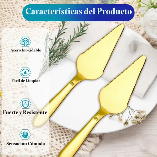 Vista 5 de Juego de servidor de pasteles y tartas Eisinly para boda, elegante juego de servidor y cortador de pizza con bordes dentados grandes de acero Dorado