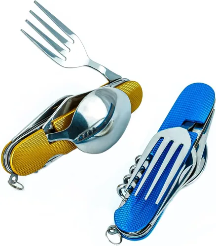 Vista 8 de Juego de cubiertos multifunción 6 en 1 para acampar, cuchara desmontable, tenedor, cuchillo, kit combinado con bolsa de transporte