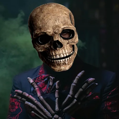 Vista 3 de Máscara de calavera con mandíbula móvil para Halloween, espeluznante esqueleto de látex, máscara de cabeza completa para adultos, disfraces de fiesta