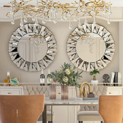 Vista 7 de Espejo Decorativo Redondo Plateado: 31.5 in Pared Vanity-Mirror Biselado Elegante espejo de cristal circular para baño con elegantes bordes