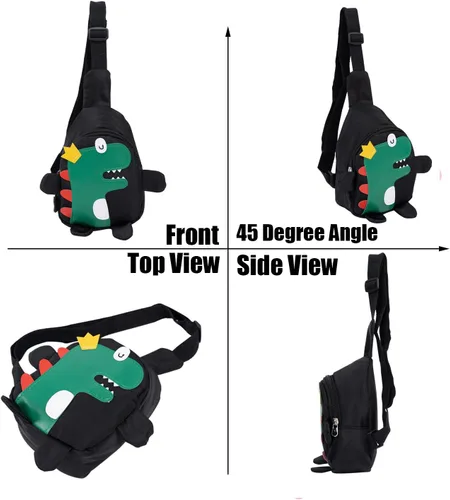 Vista 6 de Bolso bandolera para niños pequeños de dibujos animados de dinosaurios, bolso de hombro, monedero, mochila de cintura de nailon para niños de 1 a 5