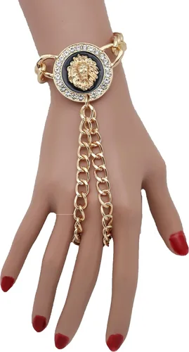 Vista 8 de Pulsera de cadena de mano para mujer, diseño de león, anillos de esclavo, metal dorado, Metal