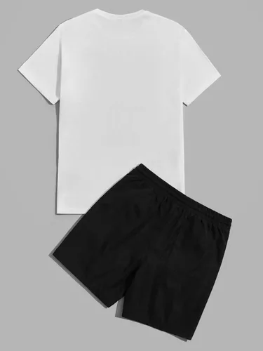 Vista 2 de OYOANGLE Conjunto casual de 2 piezas para hombre, manga corta, cuello redondo, camiseta gráfica y pantalones cortos con cordón en la cintura