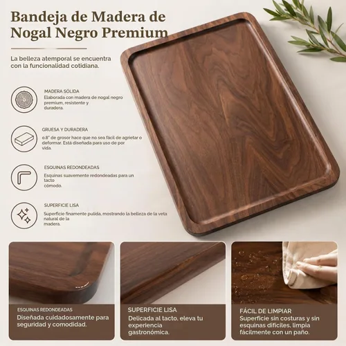 Vista 3 de Bamber Bandeja de Servir de Madera Bandeja Decorativa de Madera para Café y Té Nogal Negro 13.4 x 9 Pulgadas
