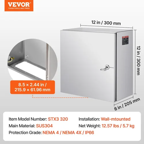 Vista 7 de Caja de Gabinete Eléctrico de Acero de 12" x 12" x 8", Caja de Gabinete Eléctrico de Acero Inoxidable 304, Caja de Gabinete para Equipos