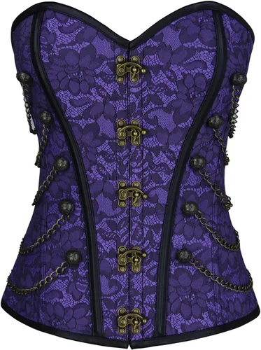 Vista 7 de Charmian - Corsé Steampunk gótico con espiral de acero para mujer, con cadenas Negro