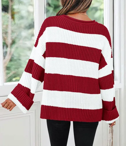 Vista 67 de ZESICA Suéter tejido sin botones de manga larga y cuello redondo, a rayas, bloques de color, cómodo, holgado, talla extragrande para mujer de 2024