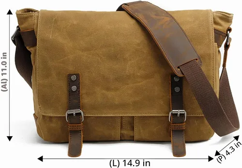 Vista 2 de HuaChen Mens Messenger Bag, Vintage Genuine Leather Waxed Canvas Shoulder Bag for 14" Laptop,Rugged Briefcase Satchel