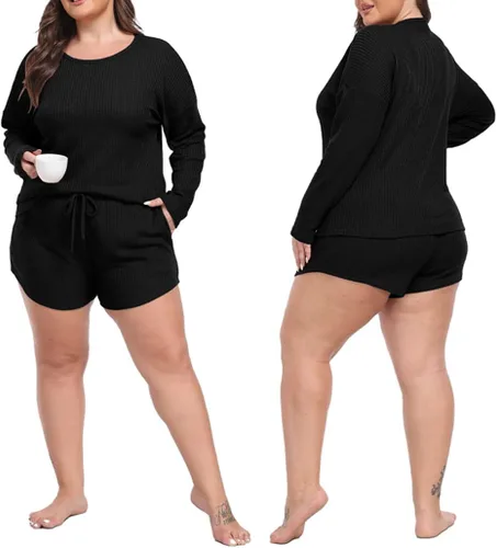 Vista 3 de PrinStory Conjunto de pijama para mujer, de punto gofre, tallas S-4XL Negro