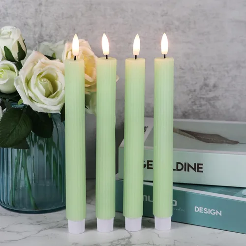 Vista 3 de Velas cónicas parpadeantes verdes sin llama que funcionan con pilas con control remoto de 10 teclas y temporizador, 6 paquetes de velas LED de cera