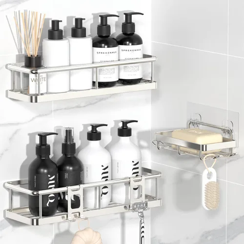 Vista 18 de YASONIC Organizador de ducha adhesivo, estantes de ducha a prueba de óxido para ducha interior, organizadores de baño de gran capacidad