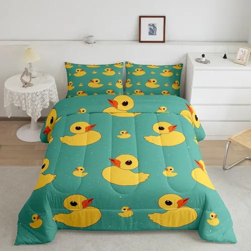 Vista 19 de Erosebridal Juego de ropa de cama a cuadros azul para niños, juego de cama individual con diseño de patos amarillos de dibujos animados, juego