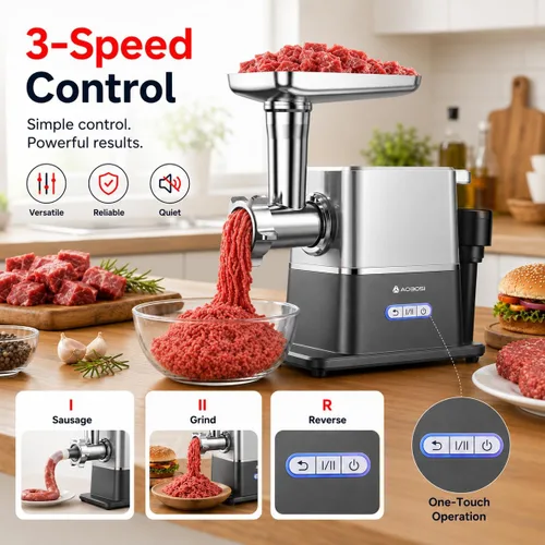 Vista 3 de AAOBOSI Picadora de carne eléctrica de 3000 W máx. con motor de CC silencioso de 60 dB, empujador de alimentos con inversión automática