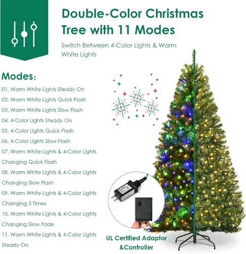 Vista 7 de Árbol de Navidad artificial preiluminado de 7 pies, árbol de Navidad con bisagras de lápiz con 500 luces LED de doble color, 1570 ramas de PVC, 11