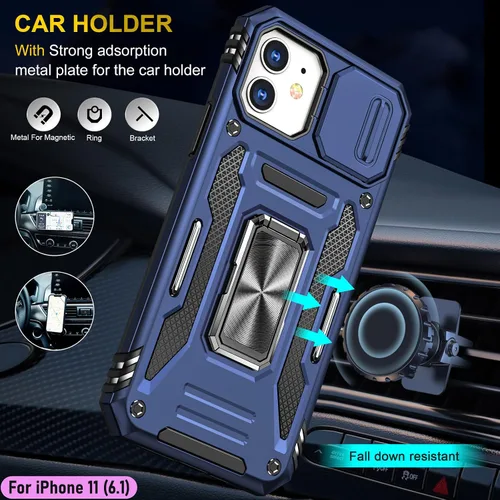 Vista 8 de Funda resistente para Apple iPhone 11, protección híbrida de goma de doble capa de grado militar con protector de cámara deslizante, soporte Azul