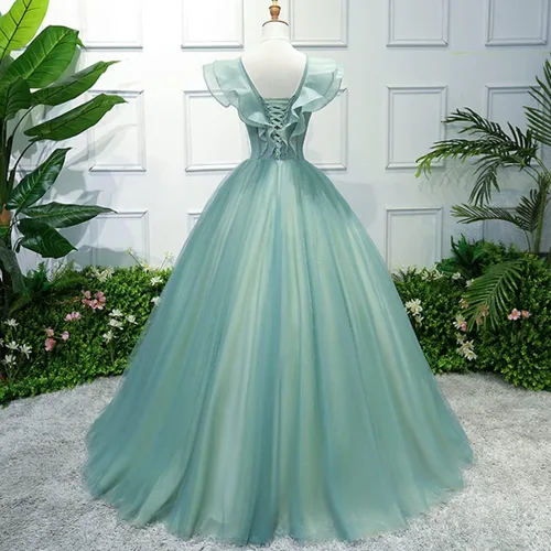 Vista 3 de Vestido de quinceañera con apliques de flores verdes de tul para niña, vestido de quinceañera dulce 15 para baile de graduación, gala, concurso