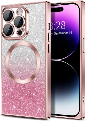 Vista 145 de Hython Funda para iPhone 13 Pro transparente con purpurina magnética [compatible con MagSafe] Protector completo de lente de cámara delgado