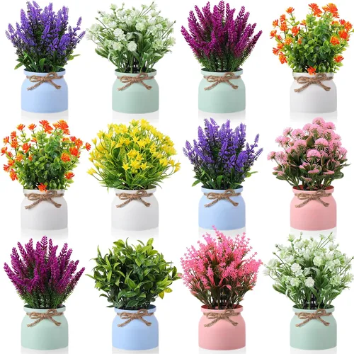 Vista 14 de Cindeer 4 piezas de flores artificiales grandes en maceta, flores artificiales de plástico para decoración del hogar, plantas artificiales