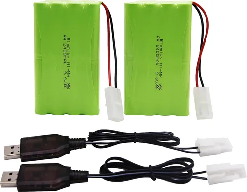 Vista 8 de Blomiky Paquete de 2 baterías AA recargables NiMH de 9.6 V 2000 mAh con conectores estándar Tamiya enchufe y cable USB para auto tanque RC