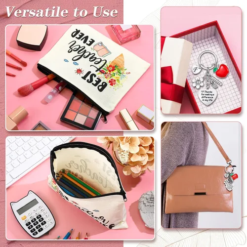 Vista 3 de Fumete Juego de regalos de agradecimiento para profesores para mujeres, bolsa de maquillaje con inicial, llavero para regalo de graduación
