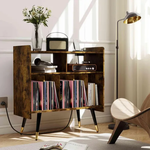 Vista 3 de Brown Record Player Stand: Vinyl Record Player Stand with Storage, Turntables for Vinyl Records, Modern Media Console, Album Display Shelf with USB