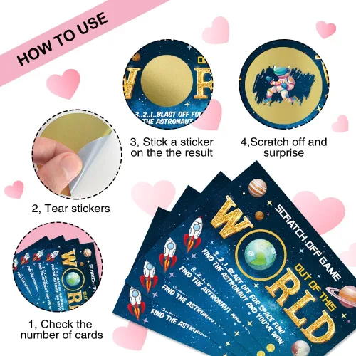 Vista 3 de 50 tarjetas para rascar fuera de este mundo, divertidas tarjetas para raspar con temática del espacio exterior para cumpleaños, fiesta de baby