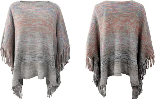 Vista 3 de Suéter tipo capa para mujer, a la moda, con flecos, manga murciélago, ajuste relajado, cuello barco, suéter de punto casual