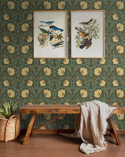 Vista 2 de NextWall Pimpernel Garden - Papel tapiz vintage para despegar y pegar (verde prado y ámbar)