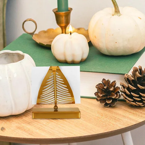 Vista 5 de Metal Napkin Holder Stand with Leaf Design, Large Rustic Tabletop Napkin Dispenser Organizer for Kitchen and Dining, Gold Finish with Long Base for