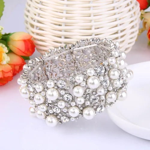 Vista 3 de EVER FAITH - Pulsera elástica para mujer con perlas de imitación de cristal, para novia, boda