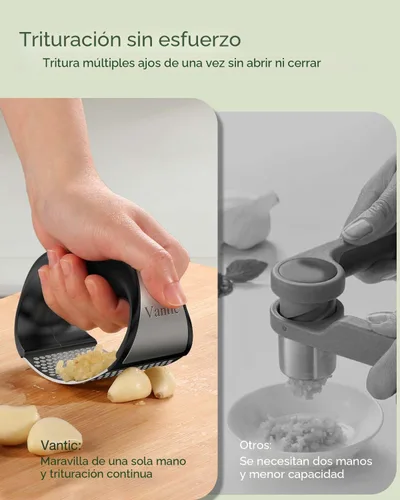 Vista 2 de Vantic Prensa de Ajo Basculante - Trituradora de Ajo de Acero Inoxidable, Picadora y Cortadora con Pelador y Raspador, Utensilio de Cocina Fácil