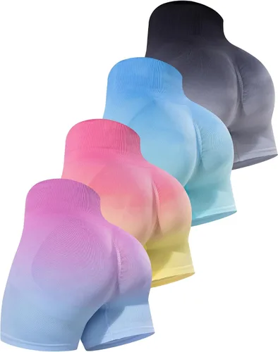 Vista 7 de CHRLEISURE Pantalones Cortos de Entrenamiento para Mujer, 4 Paquetes, Cintura Alta, Levantamiento de Glúteos con Fruncido, Pantalones Cortos Booty
