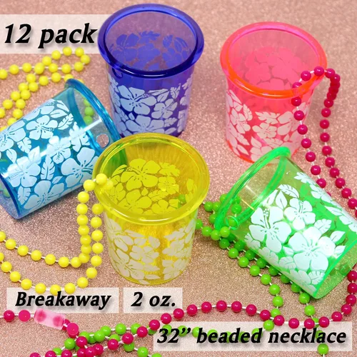 Vista 2 de Fun Express Collares hawaianos de cristal de chupito Luau a granel, 12 unidades de hibisco hawaiano Luau, recuerdos de fiesta hawaiana, Hula Aloha