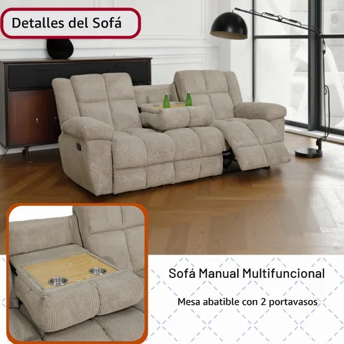 Vista 5 de Juego de sofá reclinable manual de pana extragrande para sala de estar, juego de sofá de pana con mesa desplegable y portavasos para Beige