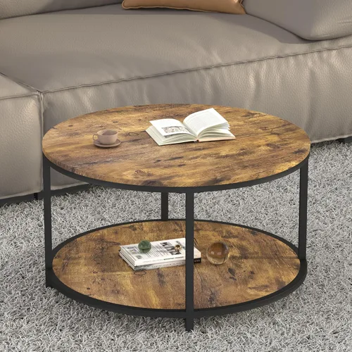 Vista 11 de NSdirect Mesa auxiliar redonda de 32 pulgadas para sala de estar, mesa central de madera maciza de 2 niveles para decoración del hogar con estante