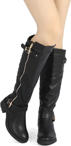 Vista 5 de DREAM PAIRS - Botas altas hasta la rodilla de pantorrilla ancha para mujer, botas tipo equitación con tacón bajo apilado