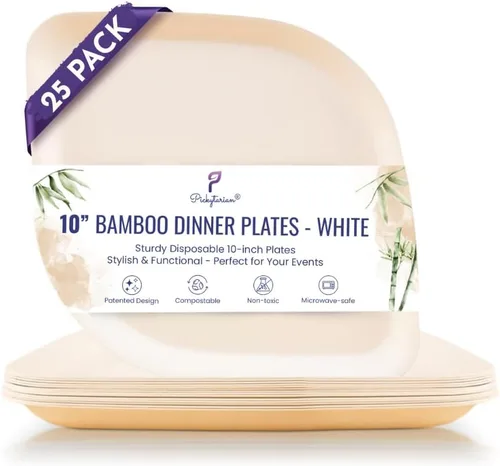 Vista 10 de Platos desechables de bambú marrón – Platos compostables de aperitivo de 8 pulgadas – Platos de postre de ensalada biodegradables resistentes