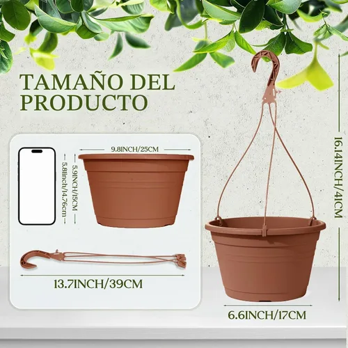 Vista 2 de 4 Piezas Macetas Colgantes para Plantas de Interior, 10" Macetas Grandes de Plástico Colgantes con Bandejas de Drenaje y Soporte de Cadena