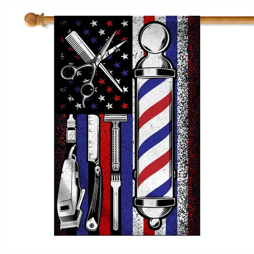 Vista 5 de Bandera de peluquero orgulloso para peluquero y estilista (12 x 18 pulgadas), bandera de jardín de Estados Unidos de alta calidad, banderas