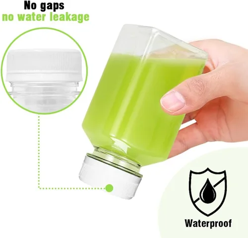 Vista 7 de Botellas de jugo de plástico, recipientes reutilizables para jugo con tapas blancas a prueba de manipulaciones, cepillo, embudo y etiquetas