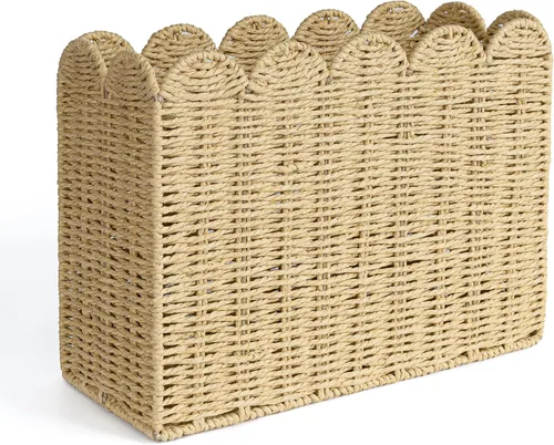Vista 7 de AELS Cesta tejida de fibra natural para revistas, soporte de revistas para piso, organizador de revistas tejido a mano, cesta de revistas con asas